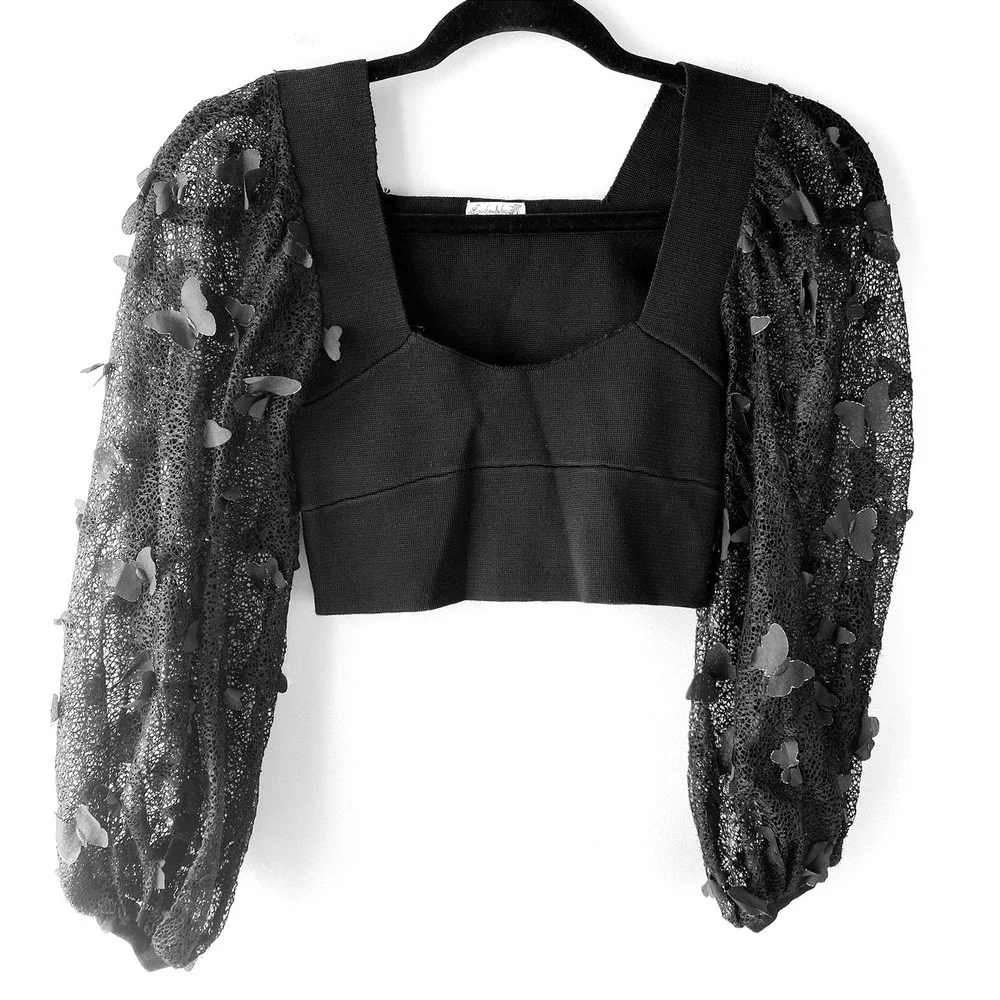 Free‎ People Womens Top XS Black Butterfly Crop Sheer Fairy Whimsigoth